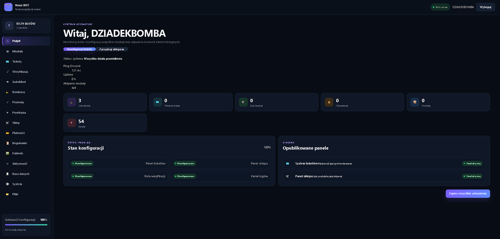 Dashboard panelu użytkownika
